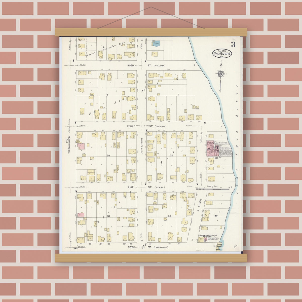 Old map wall art mockup — magnetic wood frame on brick wall — Sanborn Fire Insurance Map from Two Rivers, Manitowoc County, Wisconsin (1913), Sheet #0003