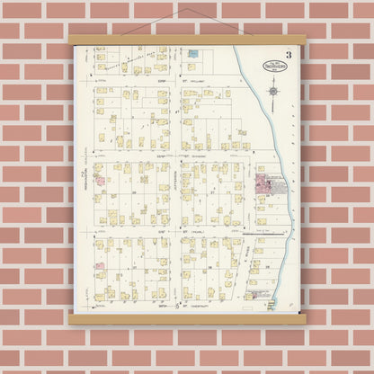 Old map wall art mockup — magnetic wood frame on brick wall — Sanborn Fire Insurance Map from Two Rivers, Manitowoc County, Wisconsin (1913), Sheet #0003