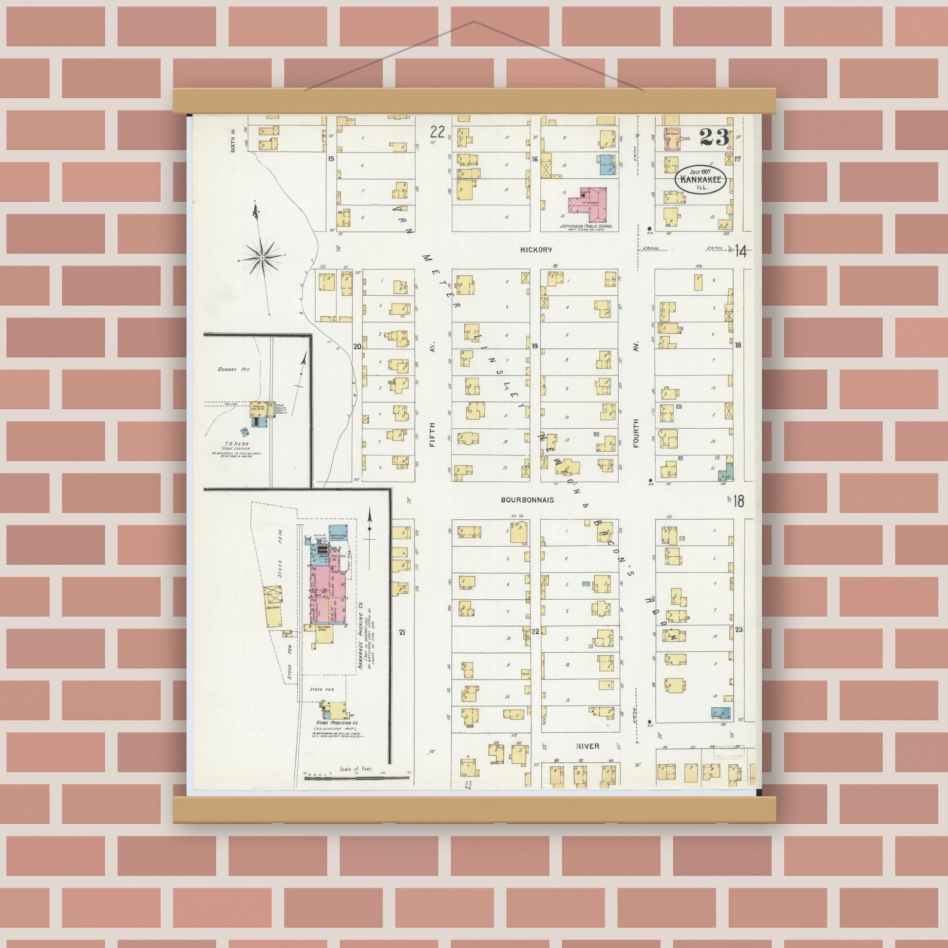 Old map wall art mockup — magnetic wood frame on brick wall — Sanborn Fire Insurance Map from Kankakee, Kankakee County, Illinois (1907), Sheet #0023