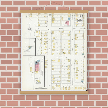 Old map wall art mockup — magnetic wood frame on brick wall — Sanborn Fire Insurance Map from Kankakee, Kankakee County, Illinois (1907), Sheet #0023