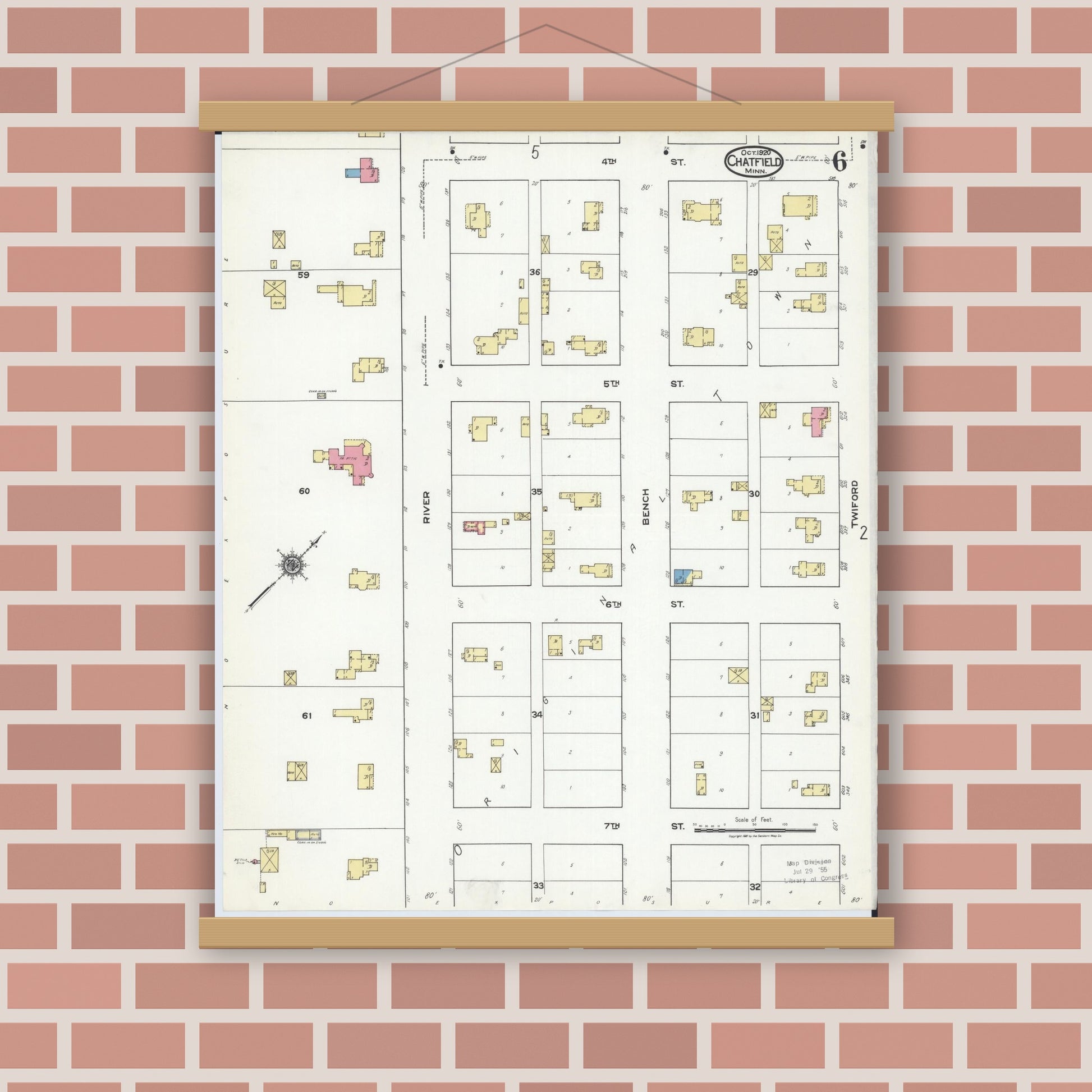 Old map wall art mockup — magnetic wood frame on brick wall — Sanborn Fire Insurance Map from Chatfield, Fillmore And Olmsted Counties, Minnesota (1920), Sheet #0006