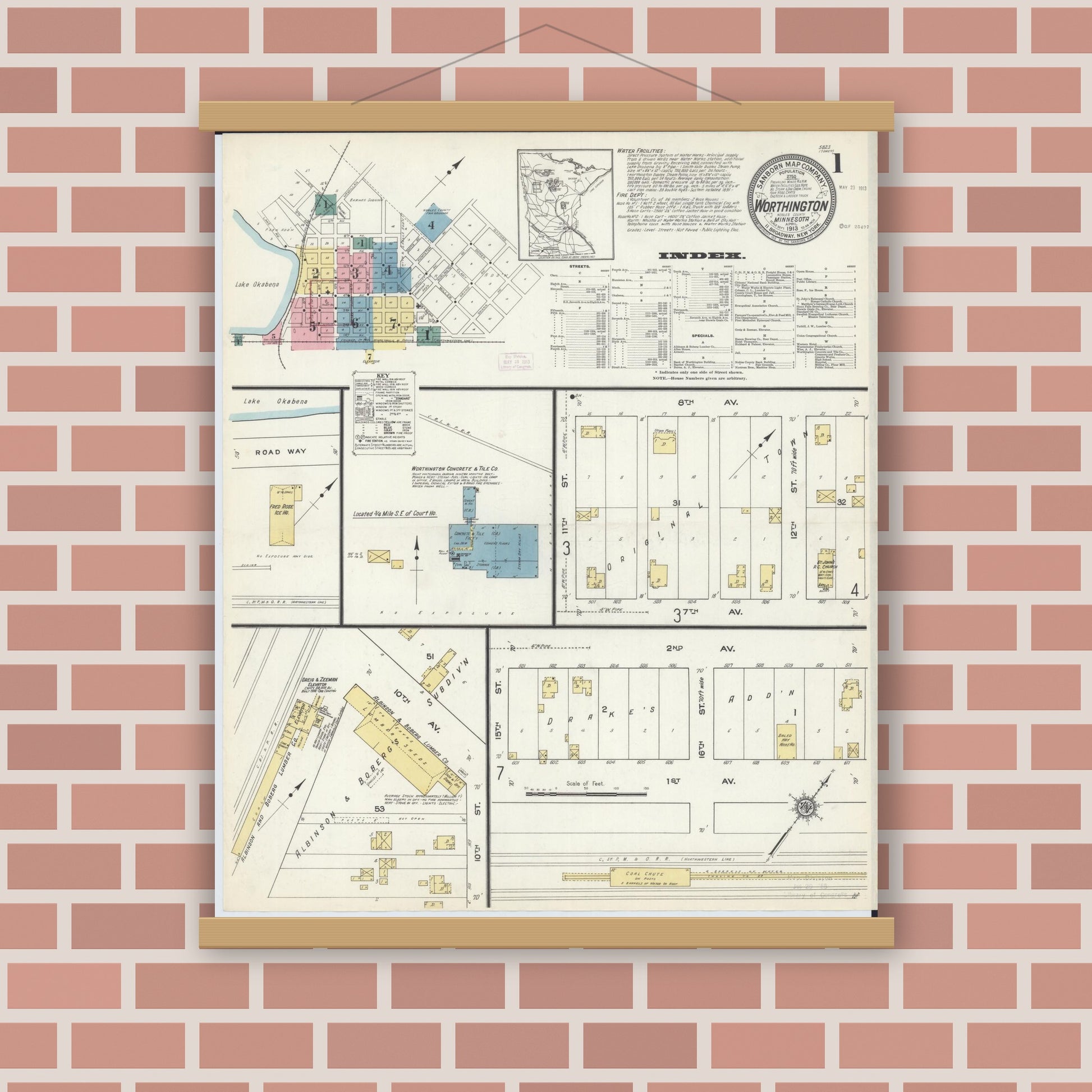 Old map wall art mockup — magnetic wood frame on brick wall — Sanborn Fire Insurance Map from Worthington, Nobles County, Minnesota (1913) - Complete Map Set