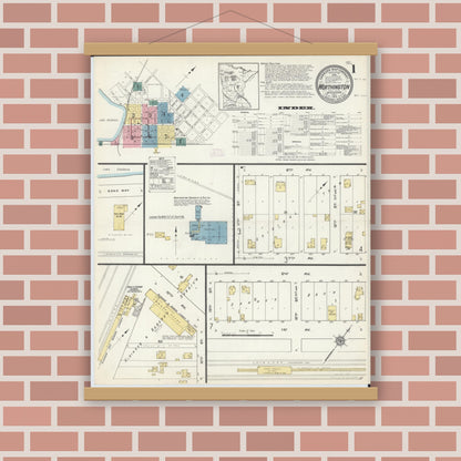 Old map wall art mockup — magnetic wood frame on brick wall — Sanborn Fire Insurance Map from Worthington, Nobles County, Minnesota (1913) - Complete Map Set