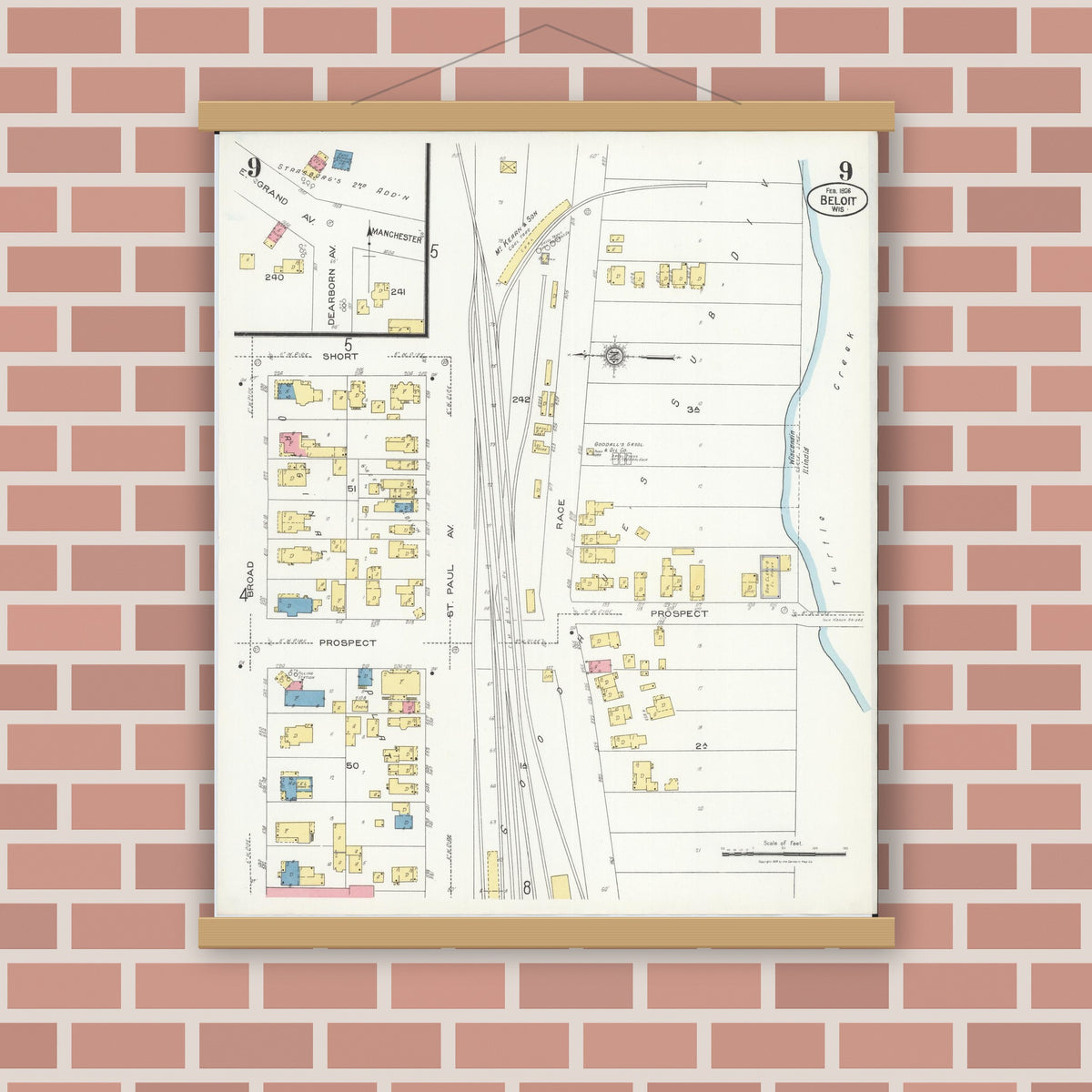 Old map wall art mockup — magnetic wood frame on brick wall — Sanborn Fire Insurance Map from Beloit, Rock County, Wisconsin (1926), Sheet #0009