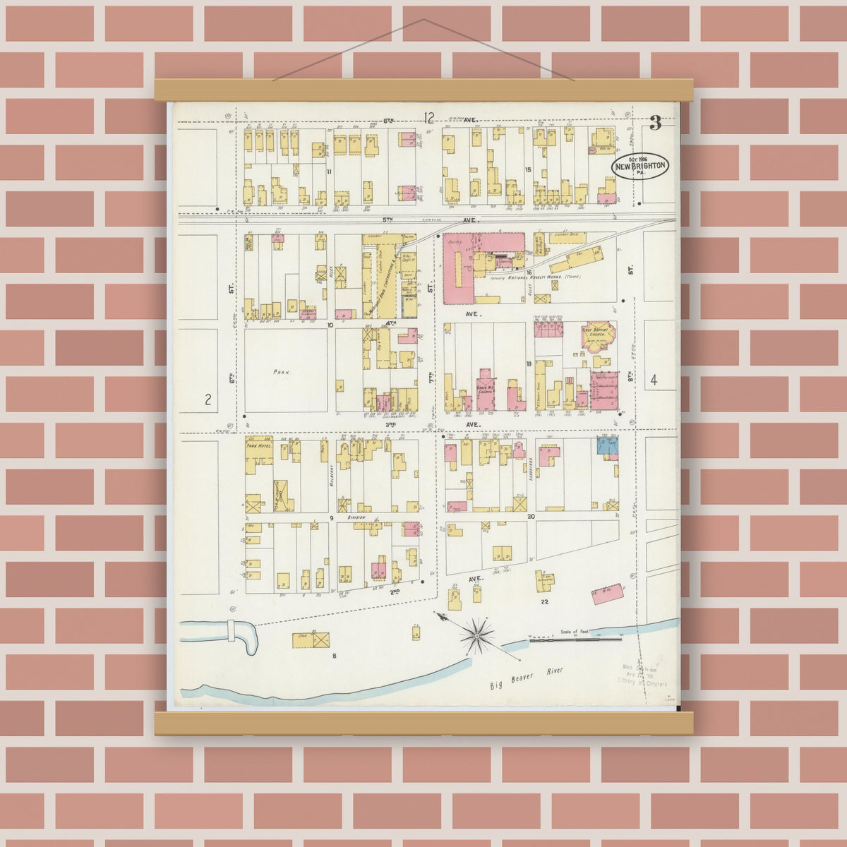 Old map wall art mockup — magnetic wood frame on brick wall — Sanborn Fire Insurance Map from New Brighton, Beaver County, Pennsylvania (1906), Sheet #0003