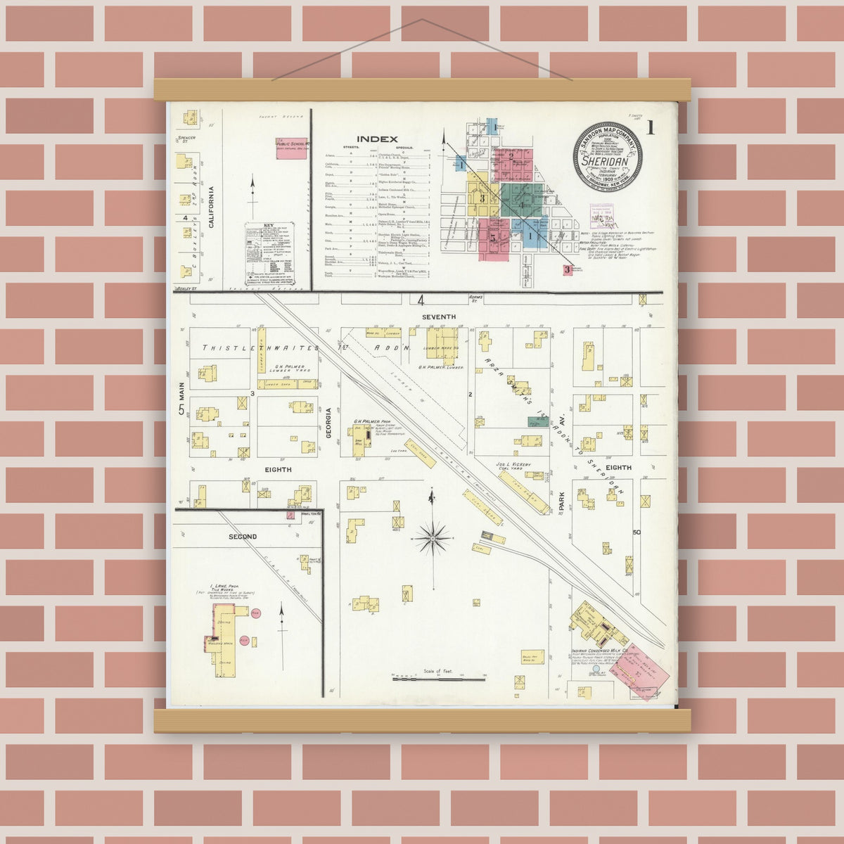 Old map wall art mockup — magnetic wood frame on brick wall — Sanborn Fire Insurance Map from Sheridan, Hamilton County, Indiana (1909) - Complete Map Set