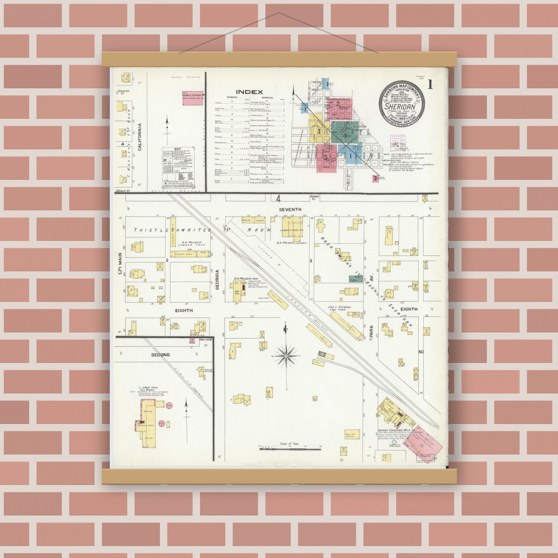 Old map wall art mockup — magnetic wood frame on brick wall — Sanborn Fire Insurance Map from Sheridan, Hamilton County, Indiana (1909) - Complete Map Set