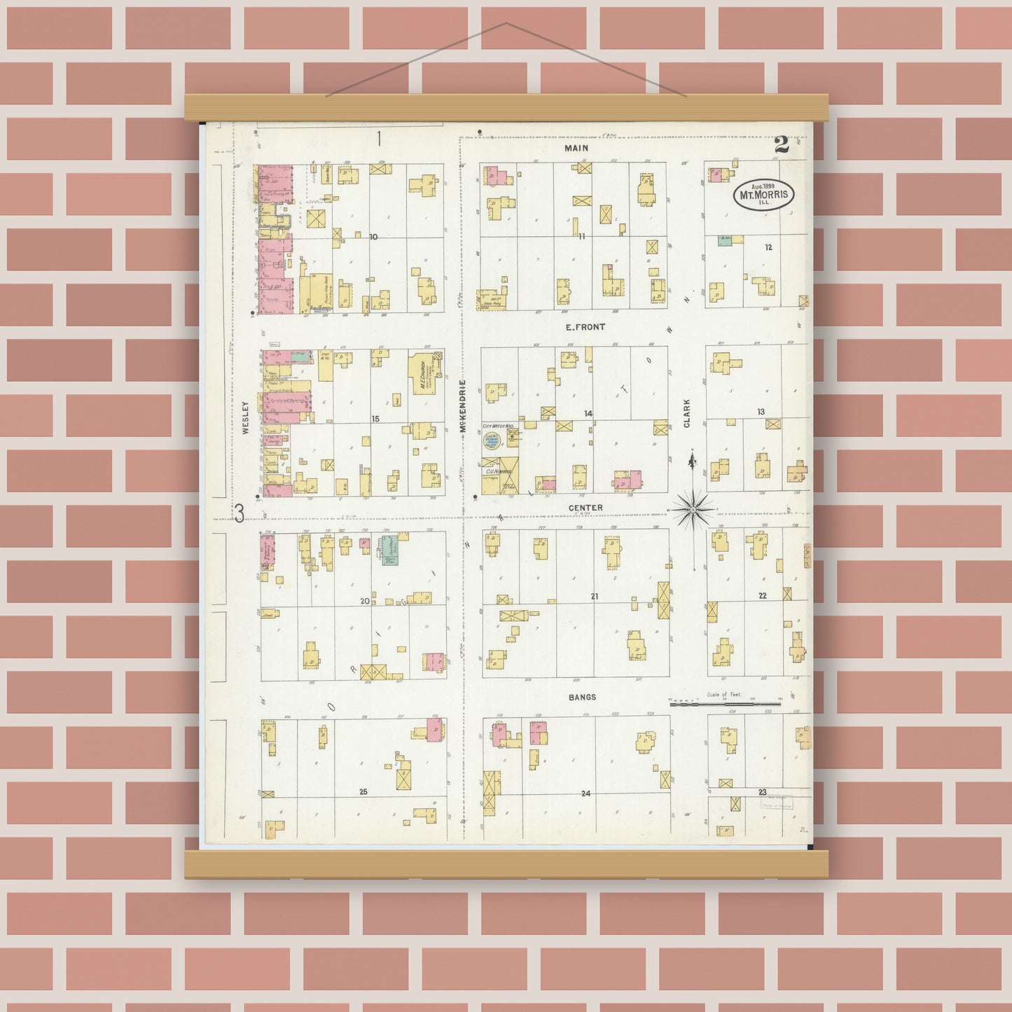 Old map wall art mockup — magnetic wood frame on brick wall — Sanborn Fire Insurance Map from Mount Morris, Ogle County, Illinois (1893), Sheet #0002