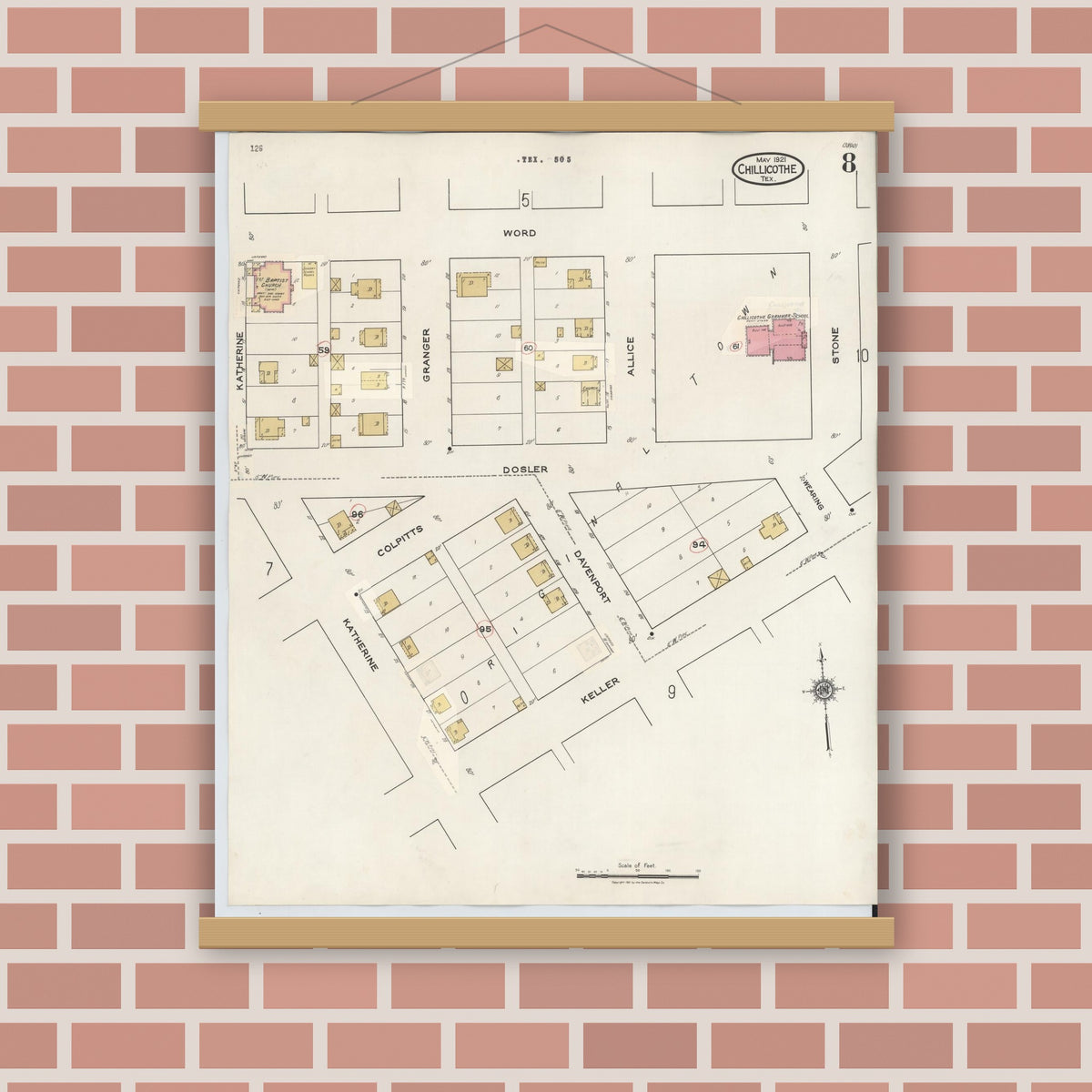 Old map wall art mockup — magnetic wood frame on brick wall — Sanborn Fire Insurance Map from Chillicothe, Hardeman County, Texas (1941), Sheet #0008