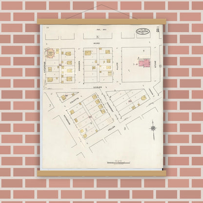 Old map wall art mockup — magnetic wood frame on brick wall — Sanborn Fire Insurance Map from Chillicothe, Hardeman County, Texas (1941), Sheet #0008
