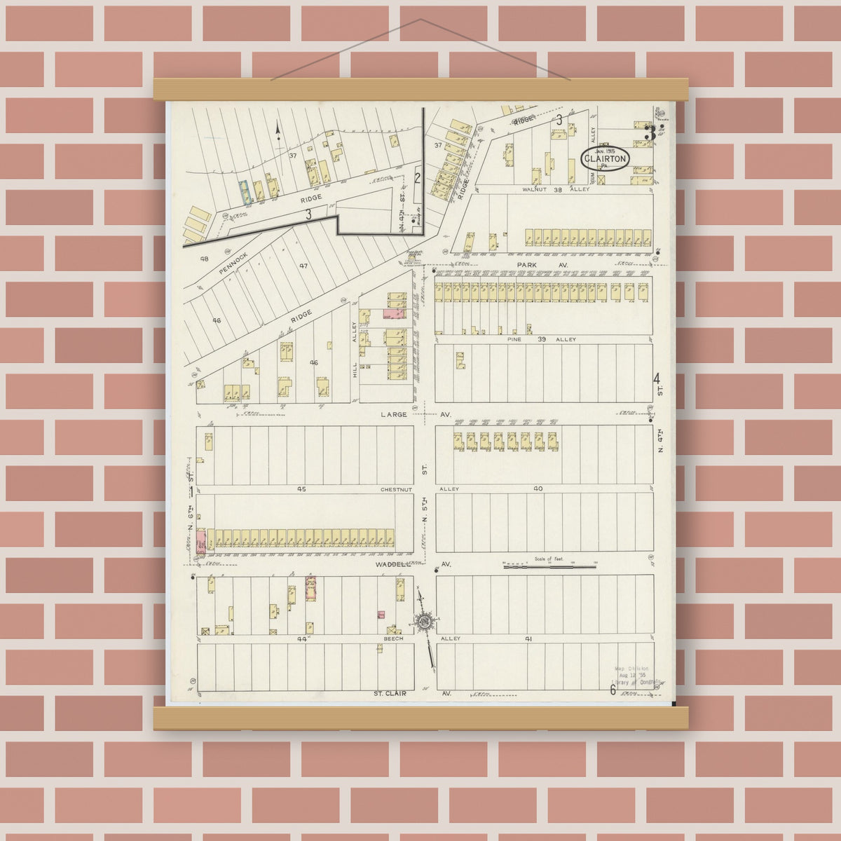 Old map wall art mockup — magnetic wood frame on brick wall — Sanborn Fire Insurance Map from Clairton, Allegheny County, Pennsylvania (1915), Sheet #0003