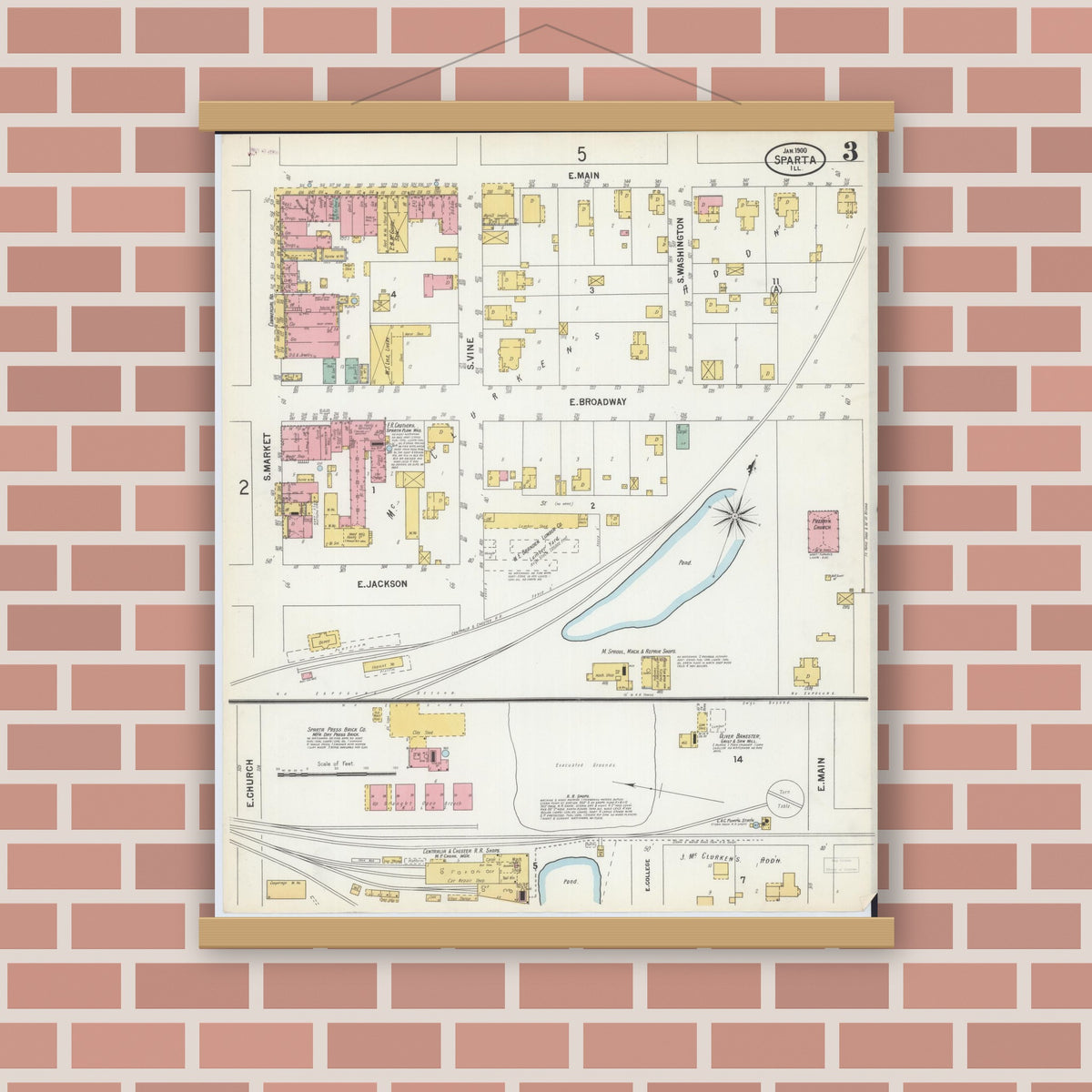 Old map wall art mockup — magnetic wood frame on brick wall — Sanborn Fire Insurance Map from Sparta, Randolph County, Illinois (1900), Sheet #0003