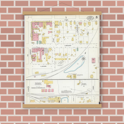 Old map wall art mockup — magnetic wood frame on brick wall — Sanborn Fire Insurance Map from Sparta, Randolph County, Illinois (1900), Sheet #0003