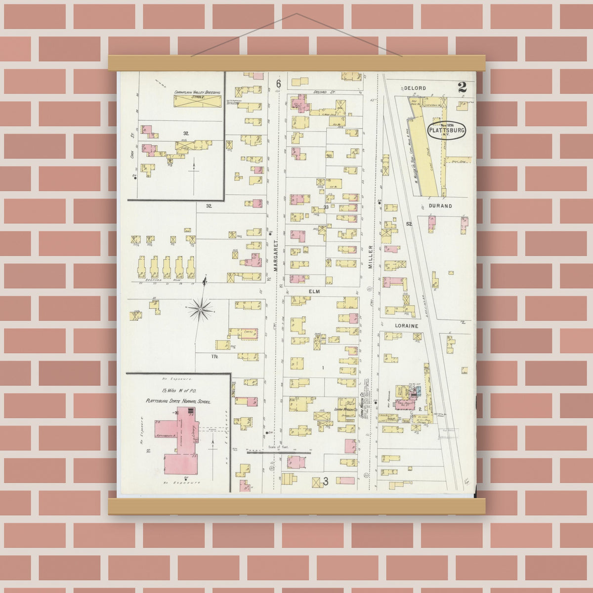 Old map wall art mockup — magnetic wood frame on brick wall — Sanborn Fire Insurance Map from Plattsburg, Clinton County, New York (1896) - Complete Map Set
