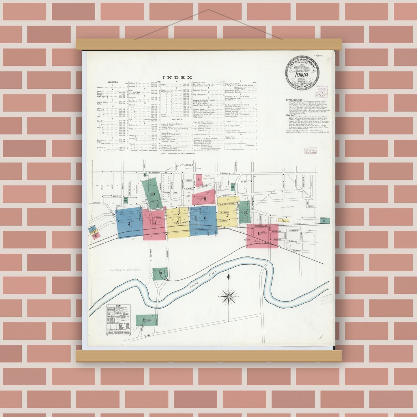 Old map wall art mockup — magnetic wood frame on brick wall — Sanborn Fire Insurance Map from Ionia, Ionia County, Michigan (1907) - Complete Map Set