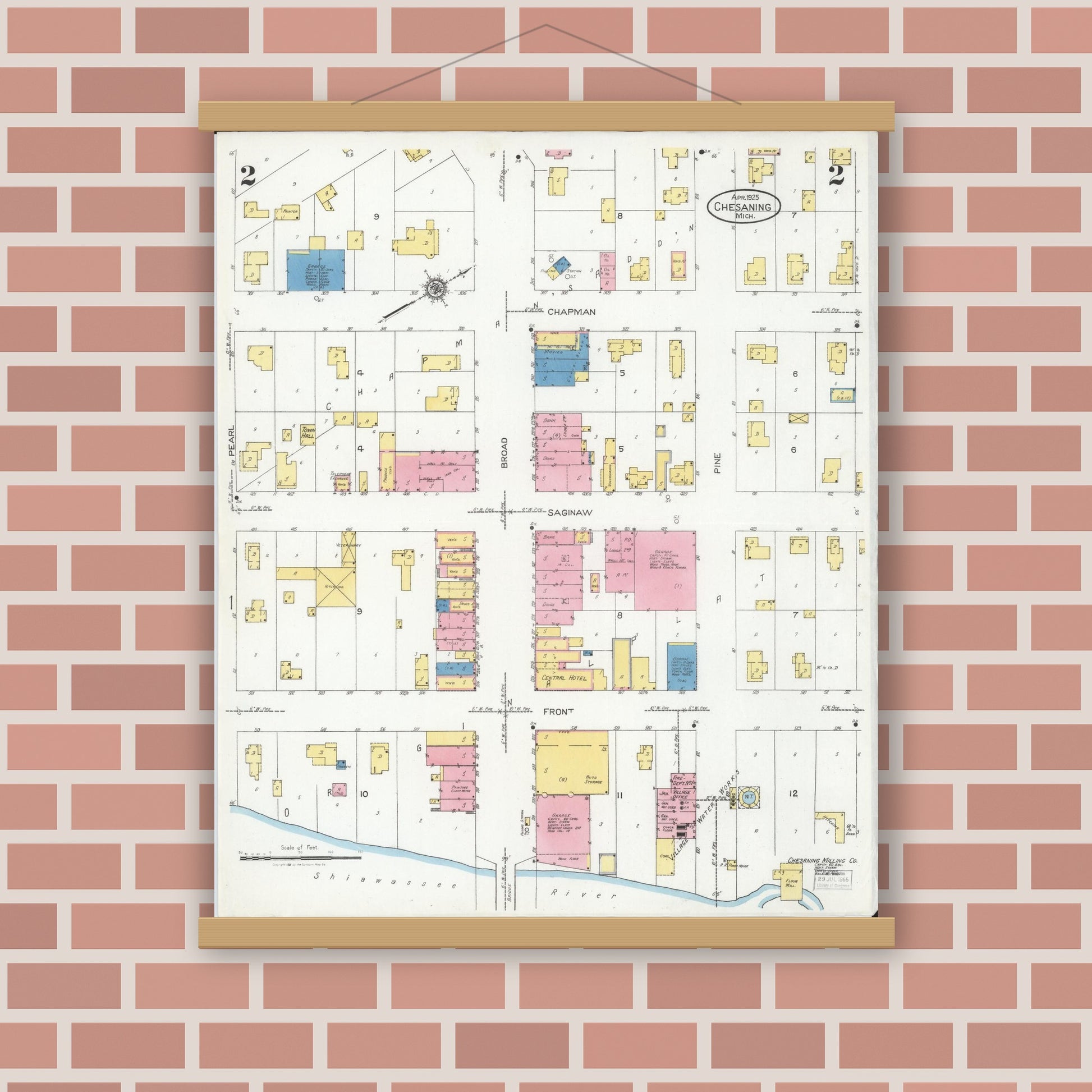 Old map wall art mockup — magnetic wood frame on brick wall — Sanborn Fire Insurance Map from Chesaning, Saginaw County, Michigan (1925), Sheet #0002