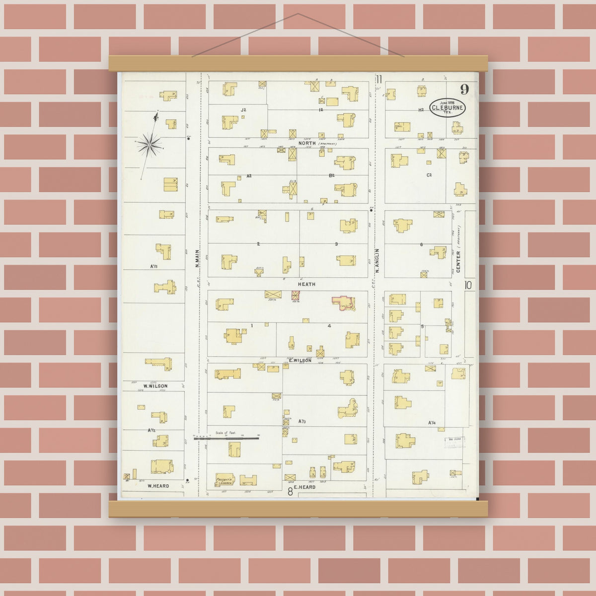 Old map wall art mockup — magnetic wood frame on brick wall — Sanborn Fire Insurance Map from Cleburne, Johnson County, Texas (1898), Sheet #0009