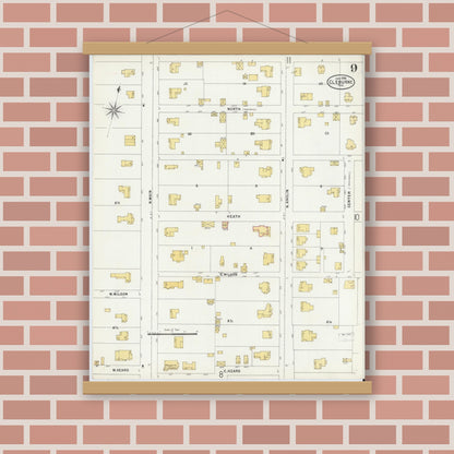 Old map wall art mockup — magnetic wood frame on brick wall — Sanborn Fire Insurance Map from Cleburne, Johnson County, Texas (1898), Sheet #0009