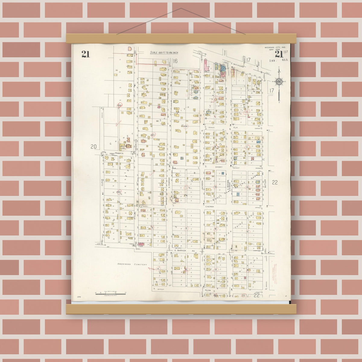 Old map wall art mockup — magnetic wood frame on brick wall — Sanborn Fire Insurance Map from Michigan City, La Porte County, Indiana (1948), Sheet #0021