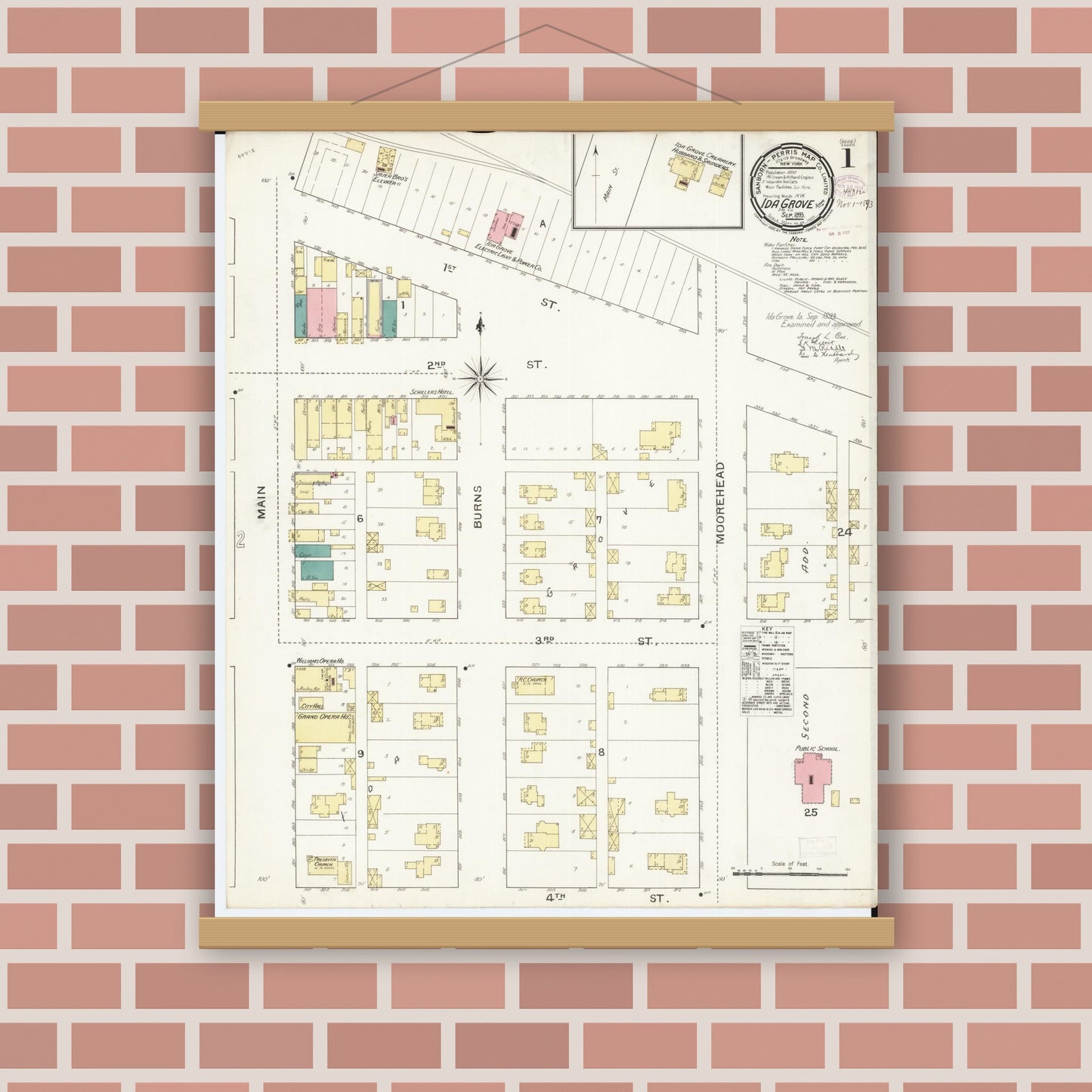 Old map wall art mockup — magnetic wood frame on brick wall — Sanborn Fire Insurance Map from Ida Grove, Ida County, Iowa (1893), Sheet #0001
