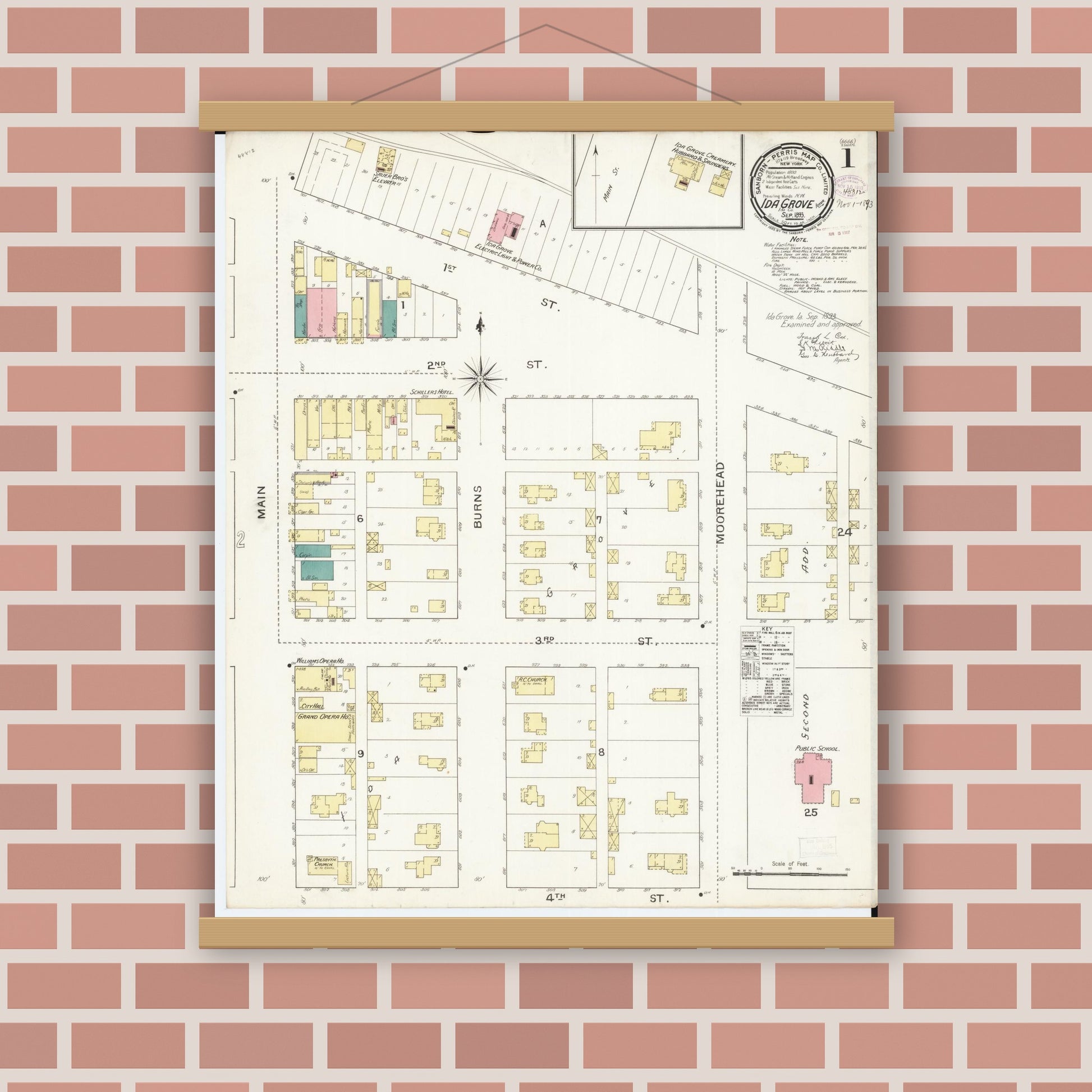 Old map wall art mockup — magnetic wood frame on brick wall — Sanborn Fire Insurance Map from Ida Grove, Ida County, Iowa (1893), Sheet #0001