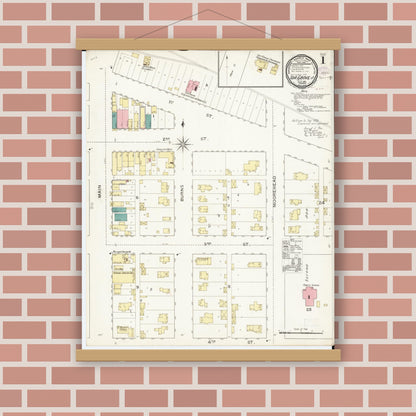 Old map wall art mockup — magnetic wood frame on brick wall — Sanborn Fire Insurance Map from Ida Grove, Ida County, Iowa (1893), Sheet #0001