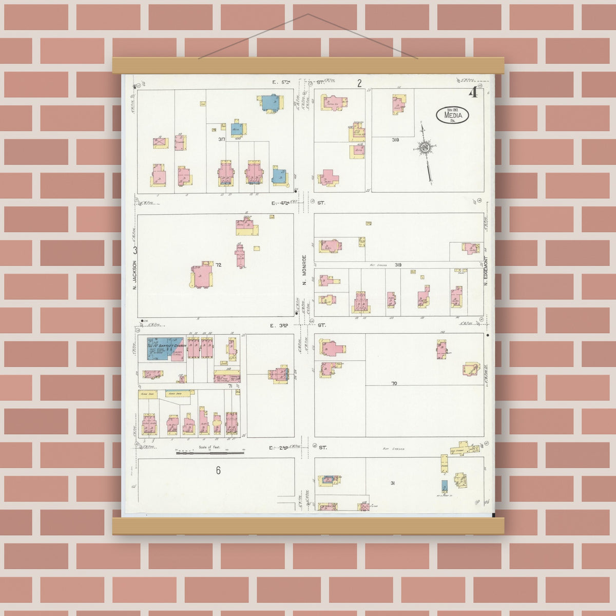 Old map wall art mockup — magnetic wood frame on brick wall — Sanborn Fire Insurance Map from Media, Delaware County, Pennsylvania (1912), Sheet #0004