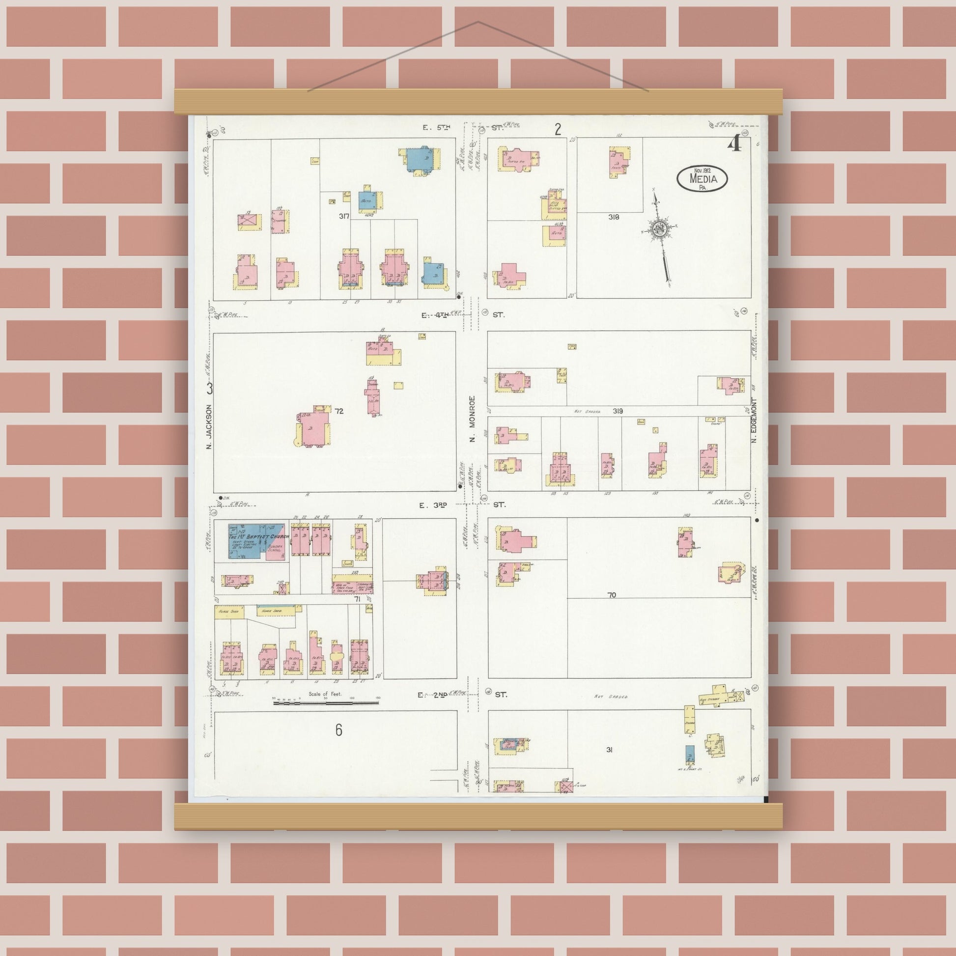 Old map wall art mockup — magnetic wood frame on brick wall — Sanborn Fire Insurance Map from Media, Delaware County, Pennsylvania (1912), Sheet #0004