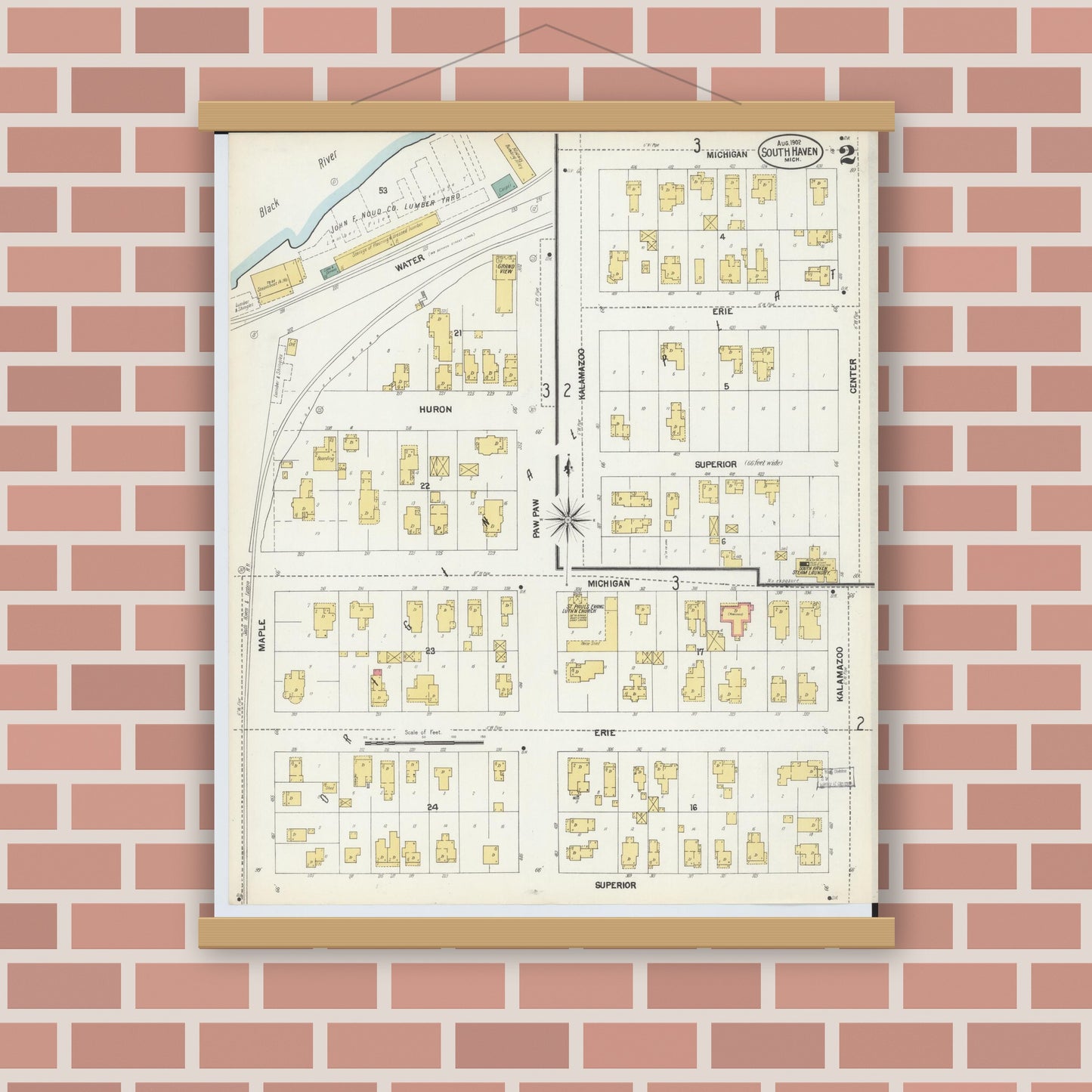 Old map wall art mockup — magnetic wood frame on brick wall — Sanborn Fire Insurance Map from South Haven, Van Buren County, Michigan (1902), Sheet #0002