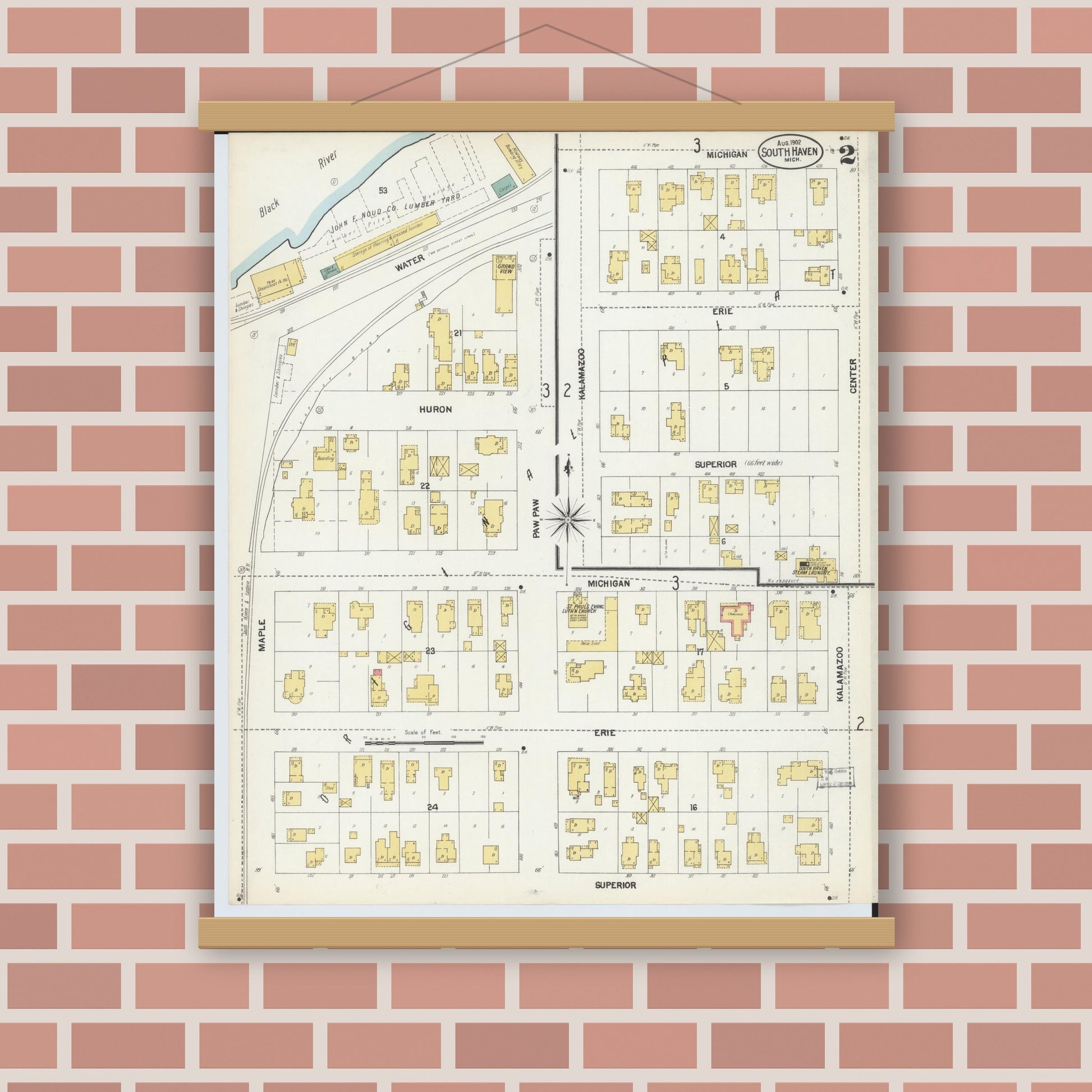 Old map wall art mockup — magnetic wood frame on brick wall — Sanborn Fire Insurance Map from South Haven, Van Buren County, Michigan (1902), Sheet #0002