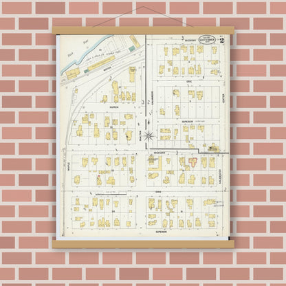 Old map wall art mockup — magnetic wood frame on brick wall — Sanborn Fire Insurance Map from South Haven, Van Buren County, Michigan (1902), Sheet #0002