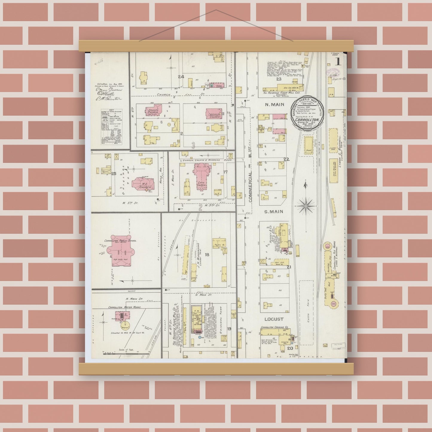 Old map wall art mockup — magnetic wood frame on brick wall — Sanborn Fire Insurance Map from Carrollton, Greene County, Illinois (1893), Sheet #0001