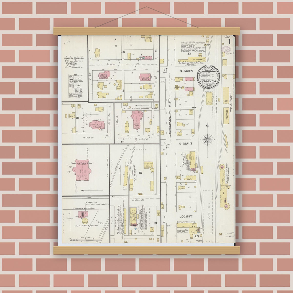 Old map wall art mockup — magnetic wood frame on brick wall — Sanborn Fire Insurance Map from Carrollton, Greene County, Illinois (1893), Sheet #0001