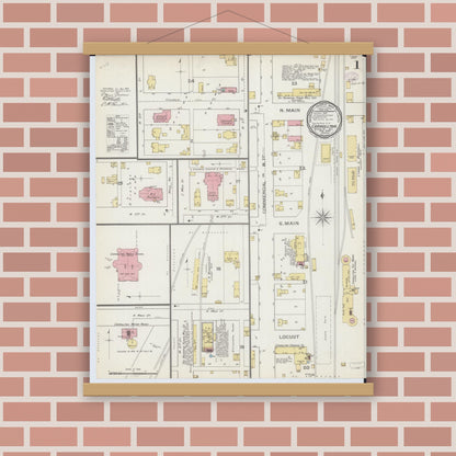 Old map wall art mockup — magnetic wood frame on brick wall — Sanborn Fire Insurance Map from Carrollton, Greene County, Illinois (1893), Sheet #0001