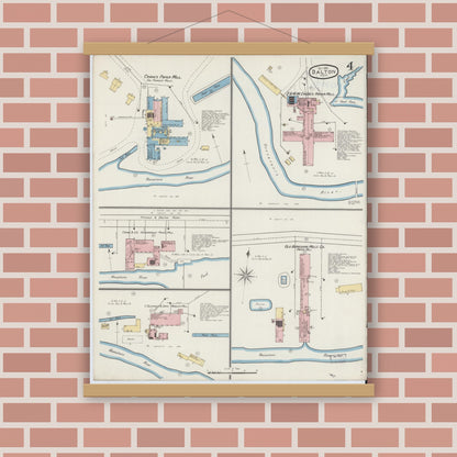 Old map wall art mockup — magnetic wood frame on brick wall — Sanborn Fire Insurance Map from Dalton, Berkshire County, Massachusetts (1892), Sheet #0004