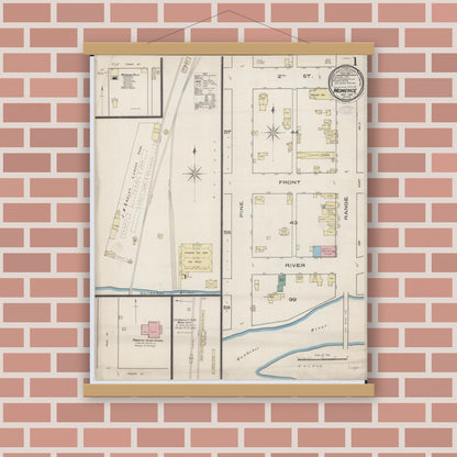 Old map wall art mockup — magnetic wood frame on brick wall — Sanborn Fire Insurance Map from Momence, Kankakee County, Illinois (1885), Sheet #0001