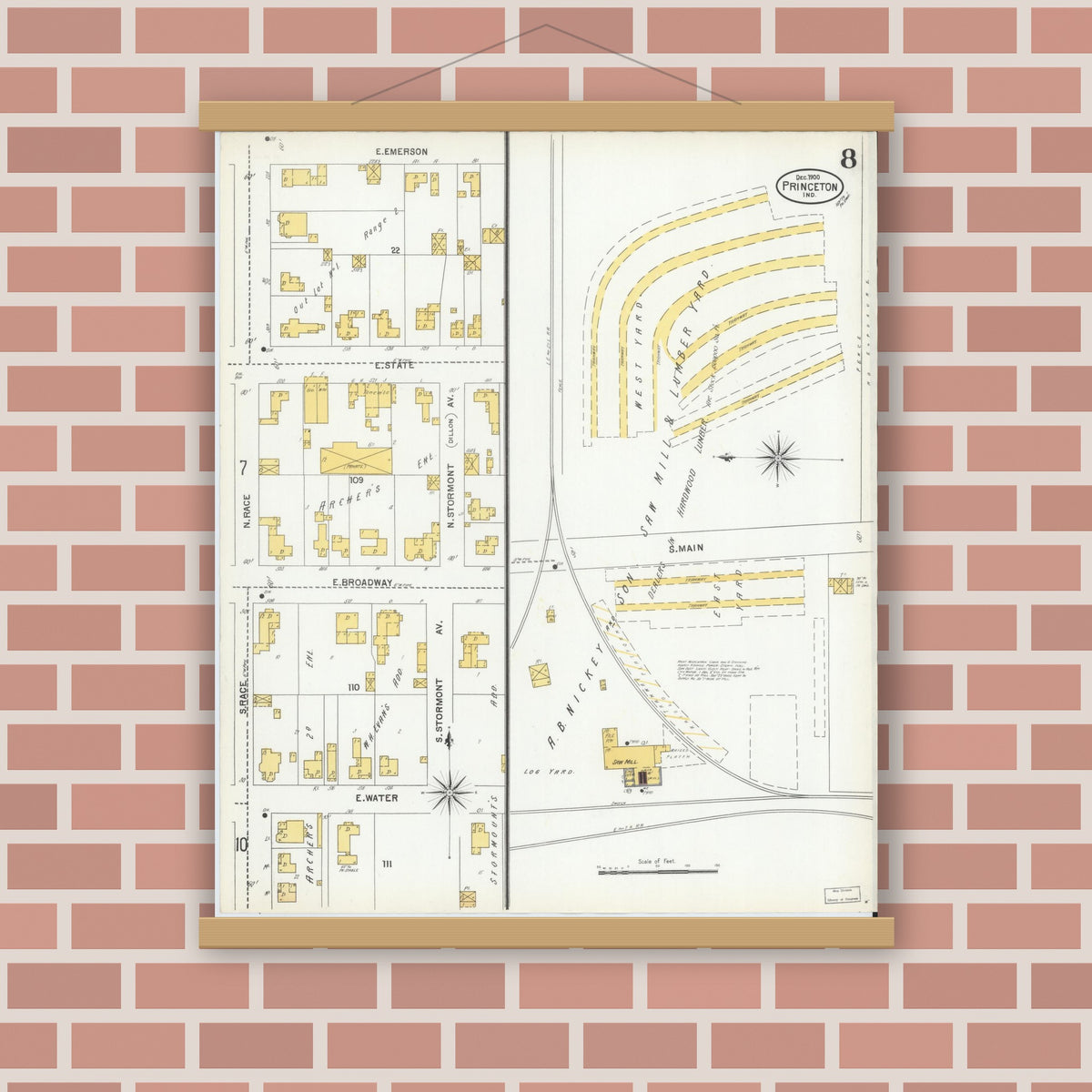 Old map wall art mockup — magnetic wood frame on brick wall — Sanborn Fire Insurance Map from Princeton, Gibson County, Indiana (1900), Sheet #0008