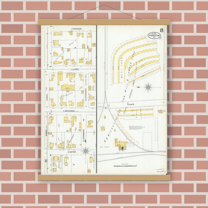Old map wall art mockup — magnetic wood frame on brick wall — Sanborn Fire Insurance Map from Princeton, Gibson County, Indiana (1900), Sheet #0008