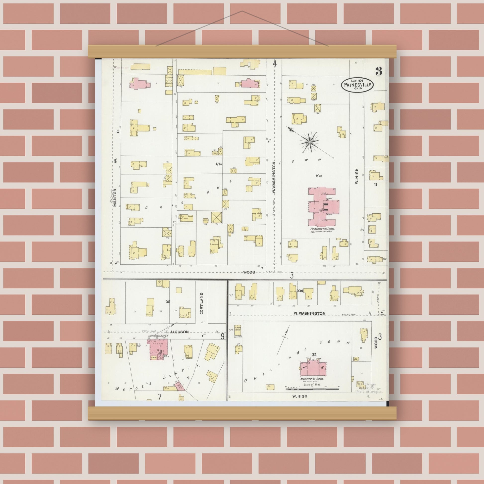 Old map wall art mockup — magnetic wood frame on brick wall — Sanborn Fire Insurance Map from Painesville, Lake County, Ohio (1904), Sheet #0003