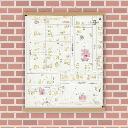 Old map wall art mockup — magnetic wood frame on brick wall — Sanborn Fire Insurance Map from Painesville, Lake County, Ohio (1904), Sheet #0003