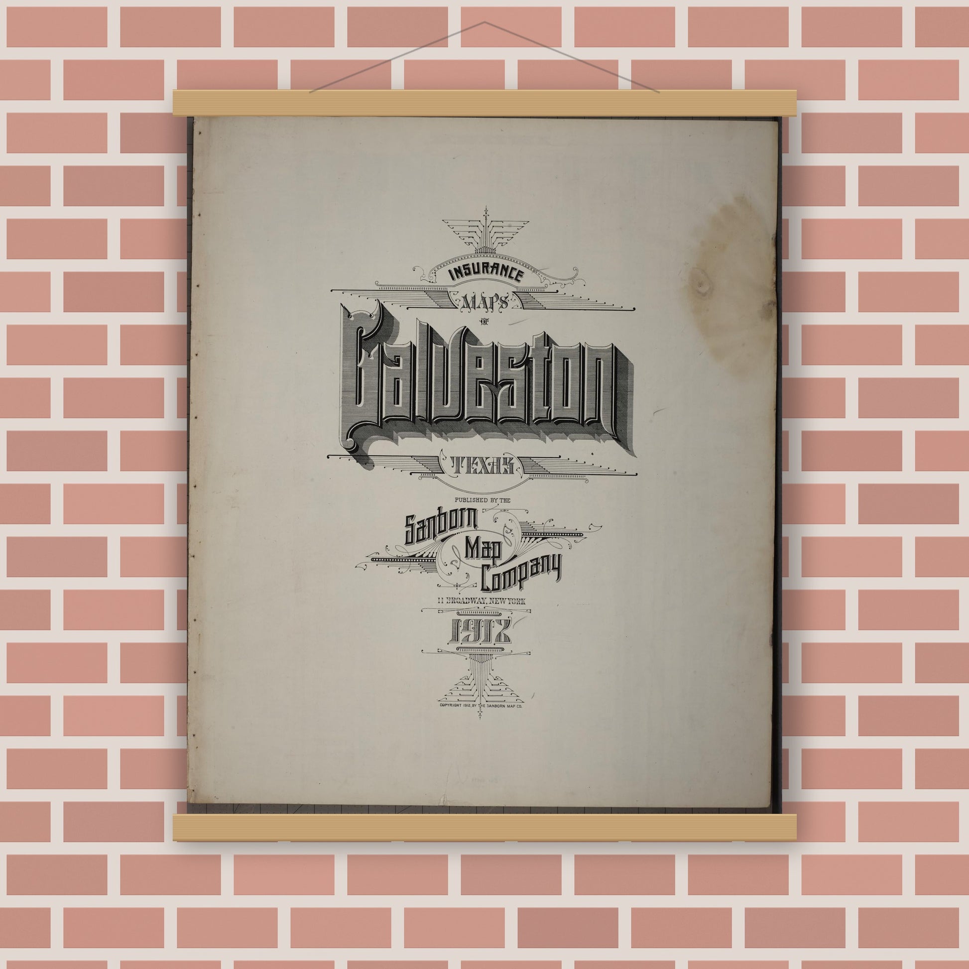 Old map wall art mockup — magnetic wood frame on brick wall — Sanborn Fire Insurance Map from Galveston, Galveston County, Texas (1912), Sheet #0001
