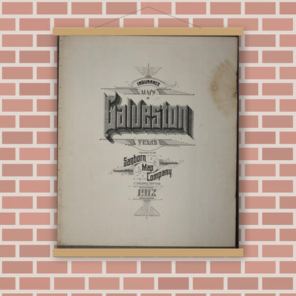 Old map wall art mockup — magnetic wood frame on brick wall — Sanborn Fire Insurance Map from Galveston, Galveston County, Texas (1912), Sheet #0001