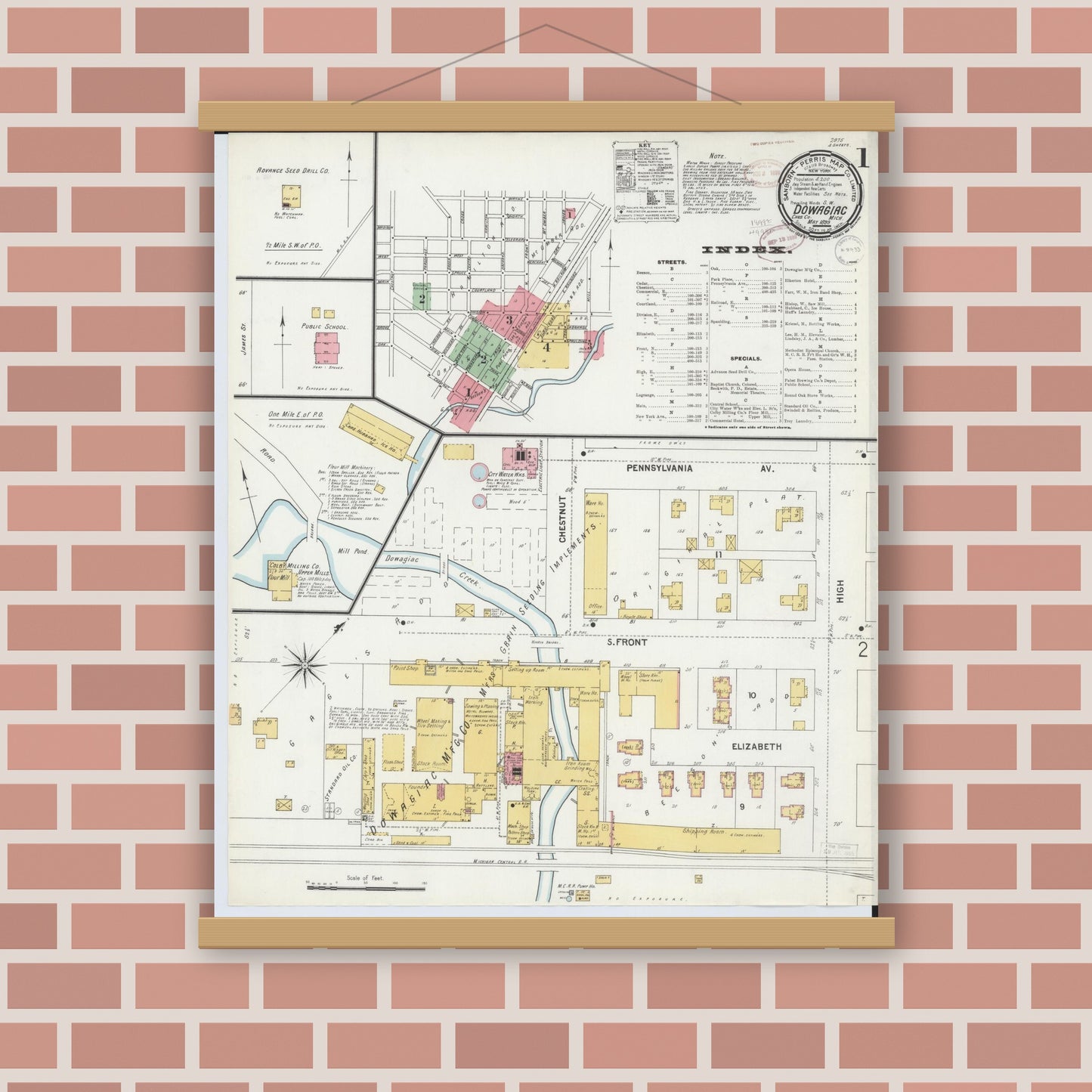 Old map wall art mockup — magnetic wood frame on brick wall — Sanborn Fire Insurance Map from Dowagiac, Cass County, Michigan (1899), Sheet #0001