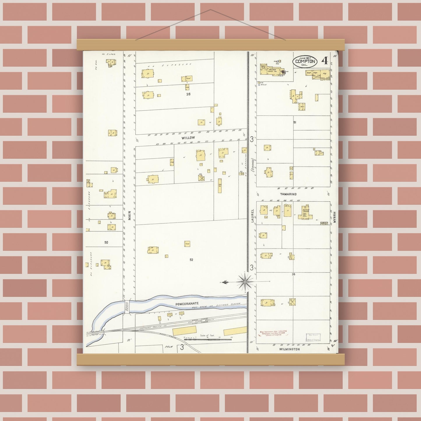 Old map wall art mockup — magnetic wood frame on brick wall — Sanborn Fire Insurance Map from Compton, Los Angeles County, California (1907), Sheet #0004