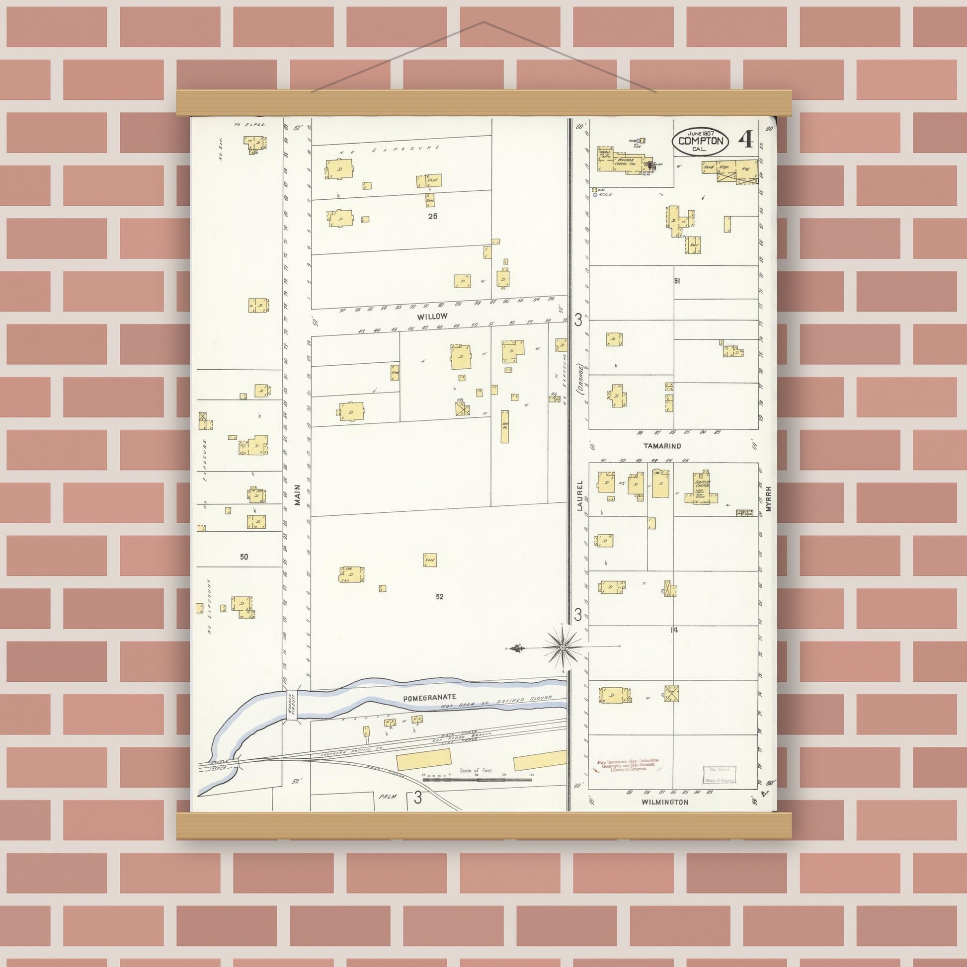 Old map wall art mockup — magnetic wood frame on brick wall — Sanborn Fire Insurance Map from Compton, Los Angeles County, California (1907), Sheet #0004