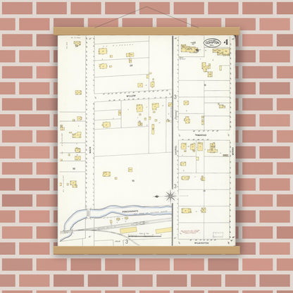 Old map wall art mockup — magnetic wood frame on brick wall — Sanborn Fire Insurance Map from Compton, Los Angeles County, California (1907), Sheet #0004