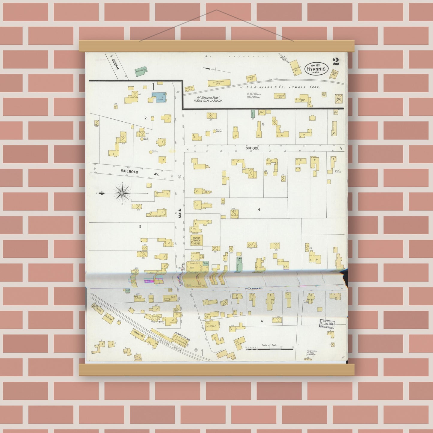 Old map wall art mockup — magnetic wood frame on brick wall — Sanborn Fire Insurance Map from Hyannis, Barnstable County, Massachusetts (1901), Sheet #0002