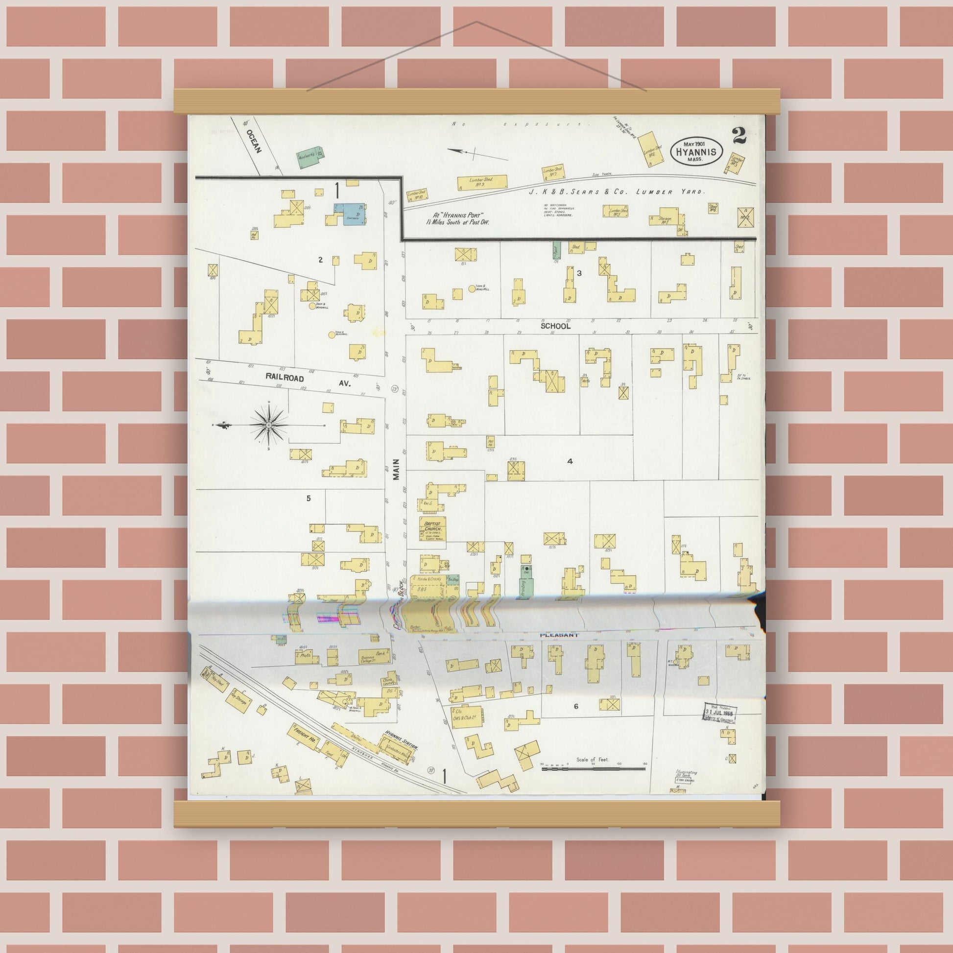 Old map wall art mockup — magnetic wood frame on brick wall — Sanborn Fire Insurance Map from Hyannis, Barnstable County, Massachusetts (1901), Sheet #0002