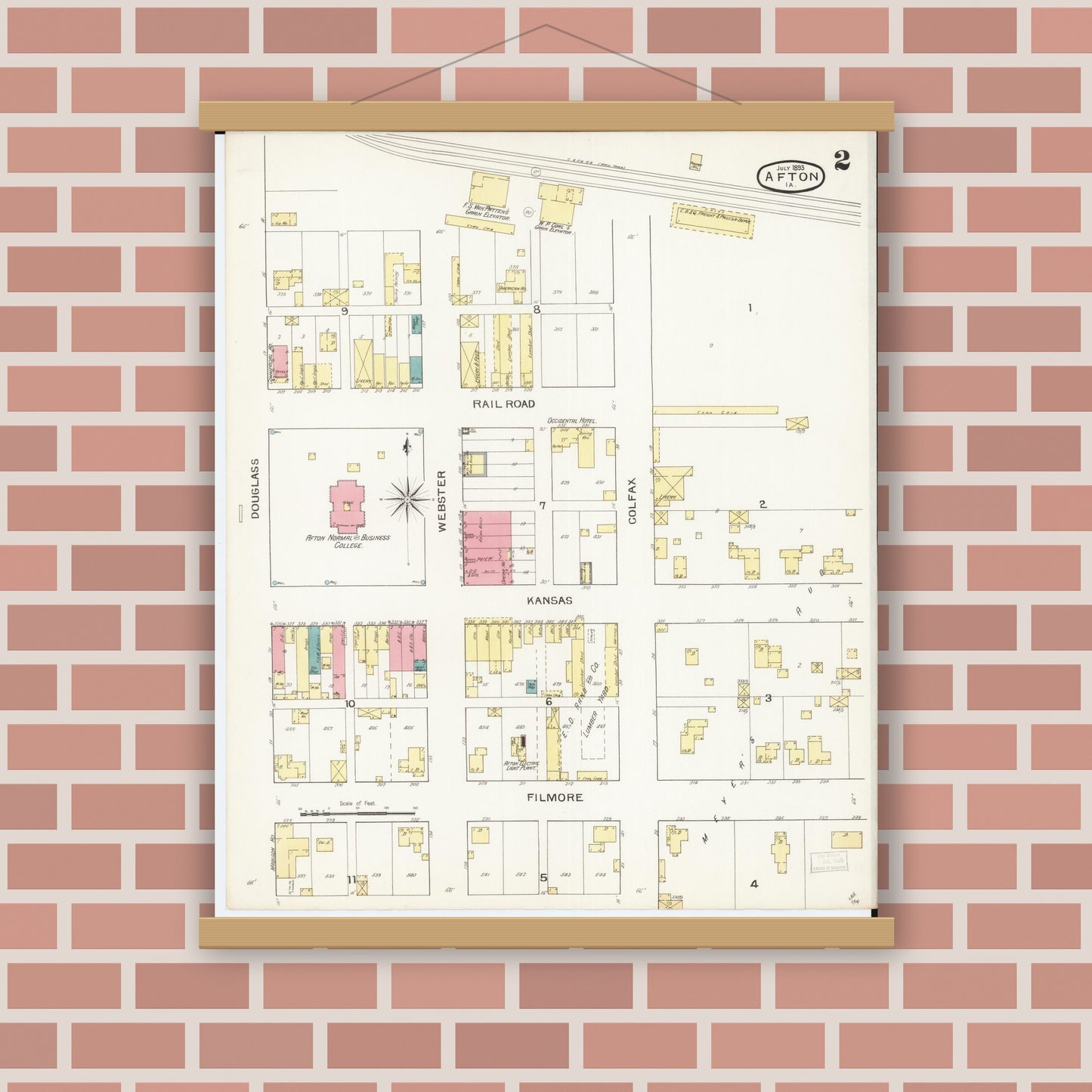 Old map wall art mockup — magnetic wood frame on brick wall — Sanborn Fire Insurance Map from Afton, Union County, Iowa (1893), Sheet #0002