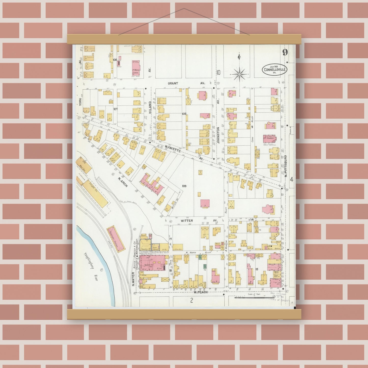 Old map wall art mockup — magnetic wood frame on brick wall — Sanborn Fire Insurance Map from Connellsville, Fayette County, Pennsylvania (1901), Sheet #0009